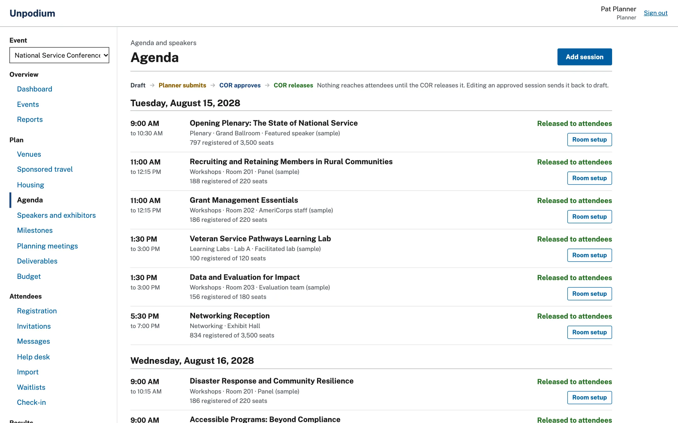 The Unpodium agenda page listing sessions by day with their approval status and seat counts.