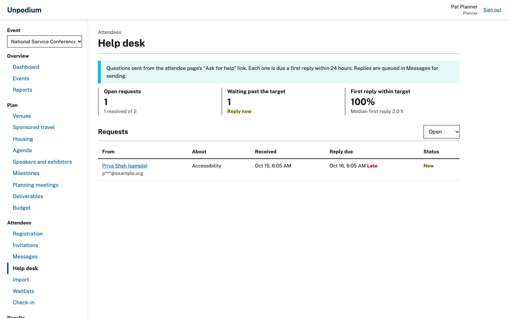 The help desk with requests, reply targets and status.