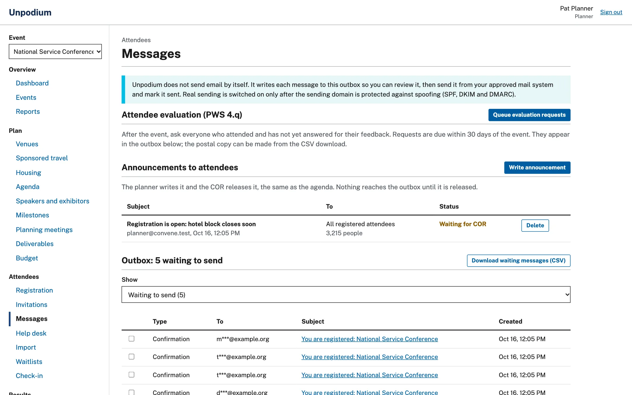 The message outbox and announcements waiting for COR release.