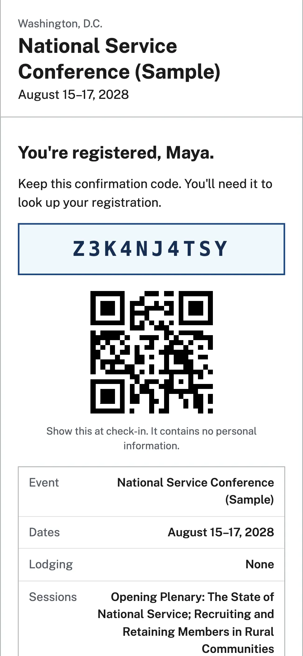 A phone showing an attendee confirmation page with a confirmation code and a check-in QR code.