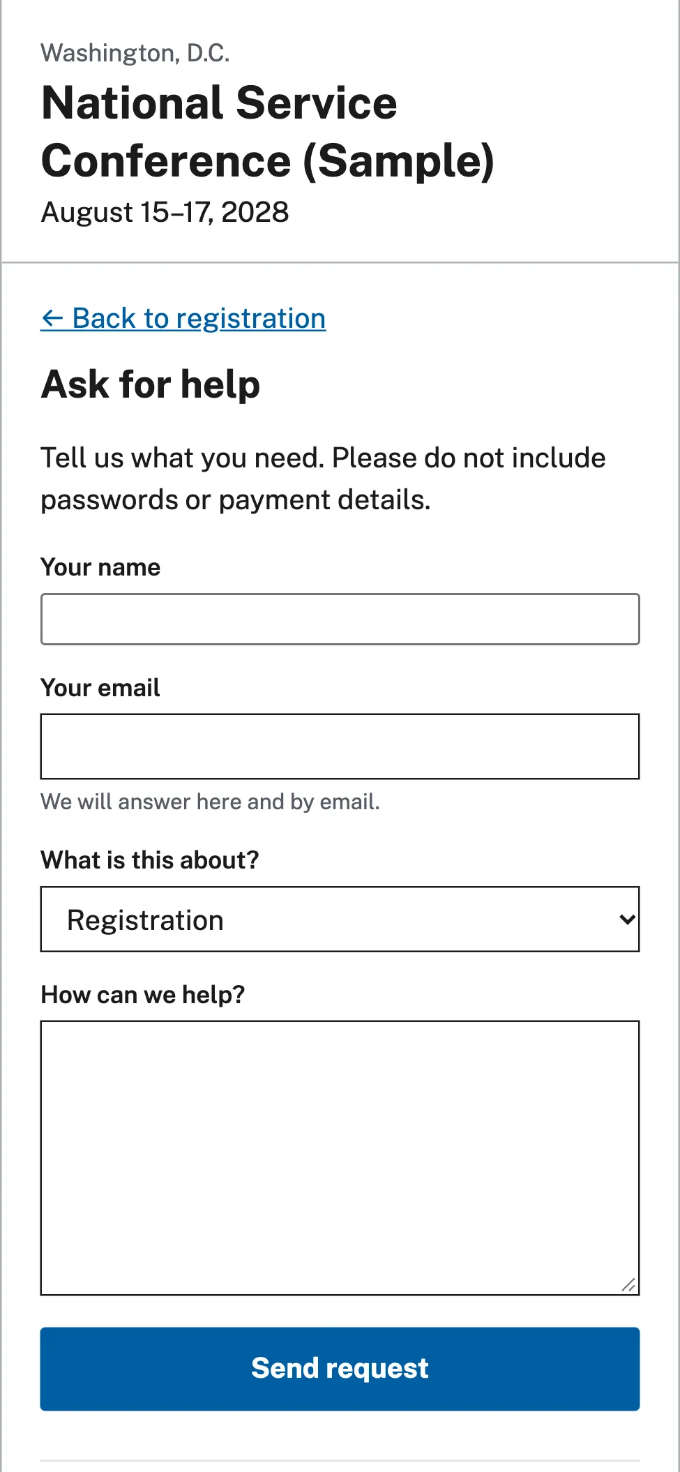 A phone showing the attendee help request form.