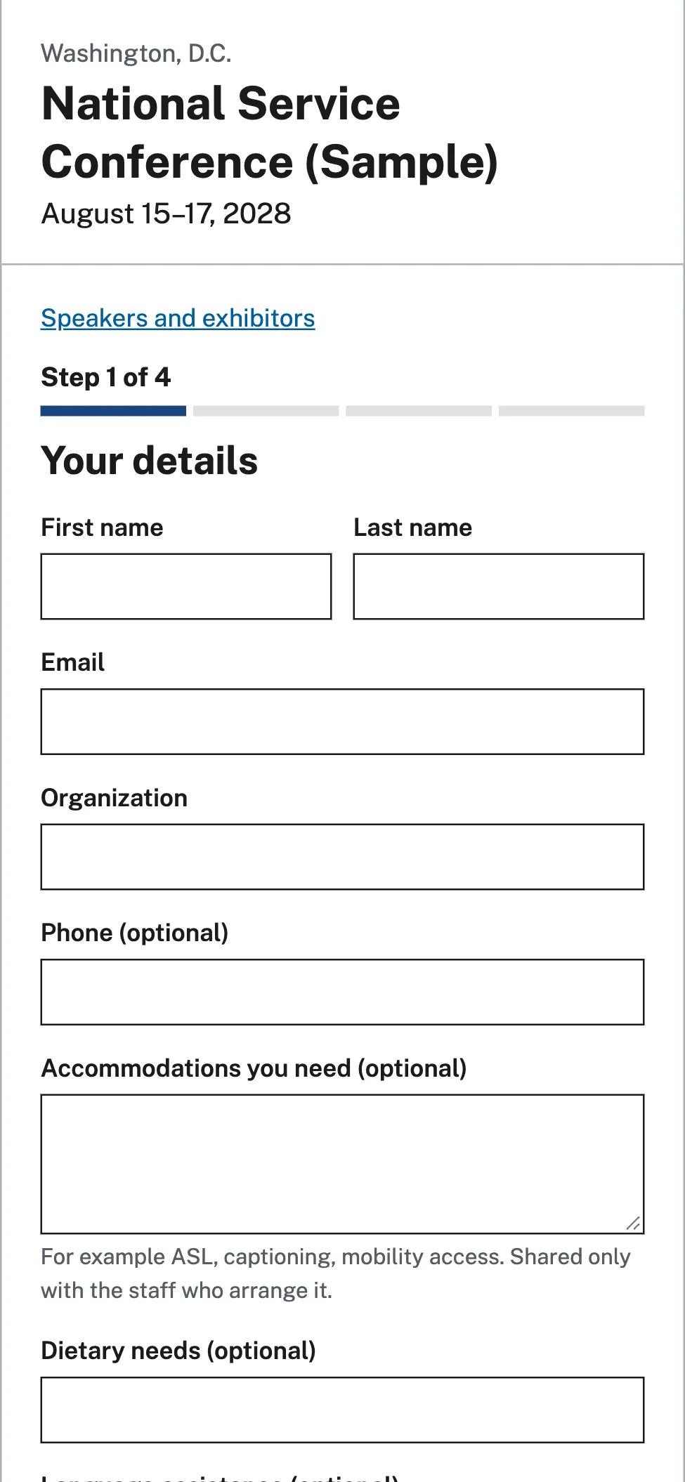 A phone showing the first step of attendee registration.